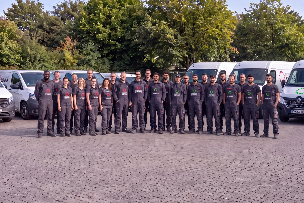 Das Team von Sonne mit dem eigenen Fuhrpark auf dem Firmenhof